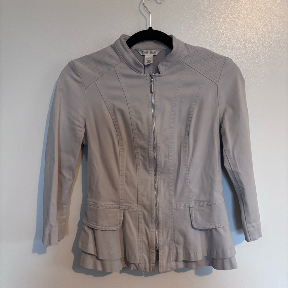 White House Black Market peplum grey light weight jacket with front upper size 2